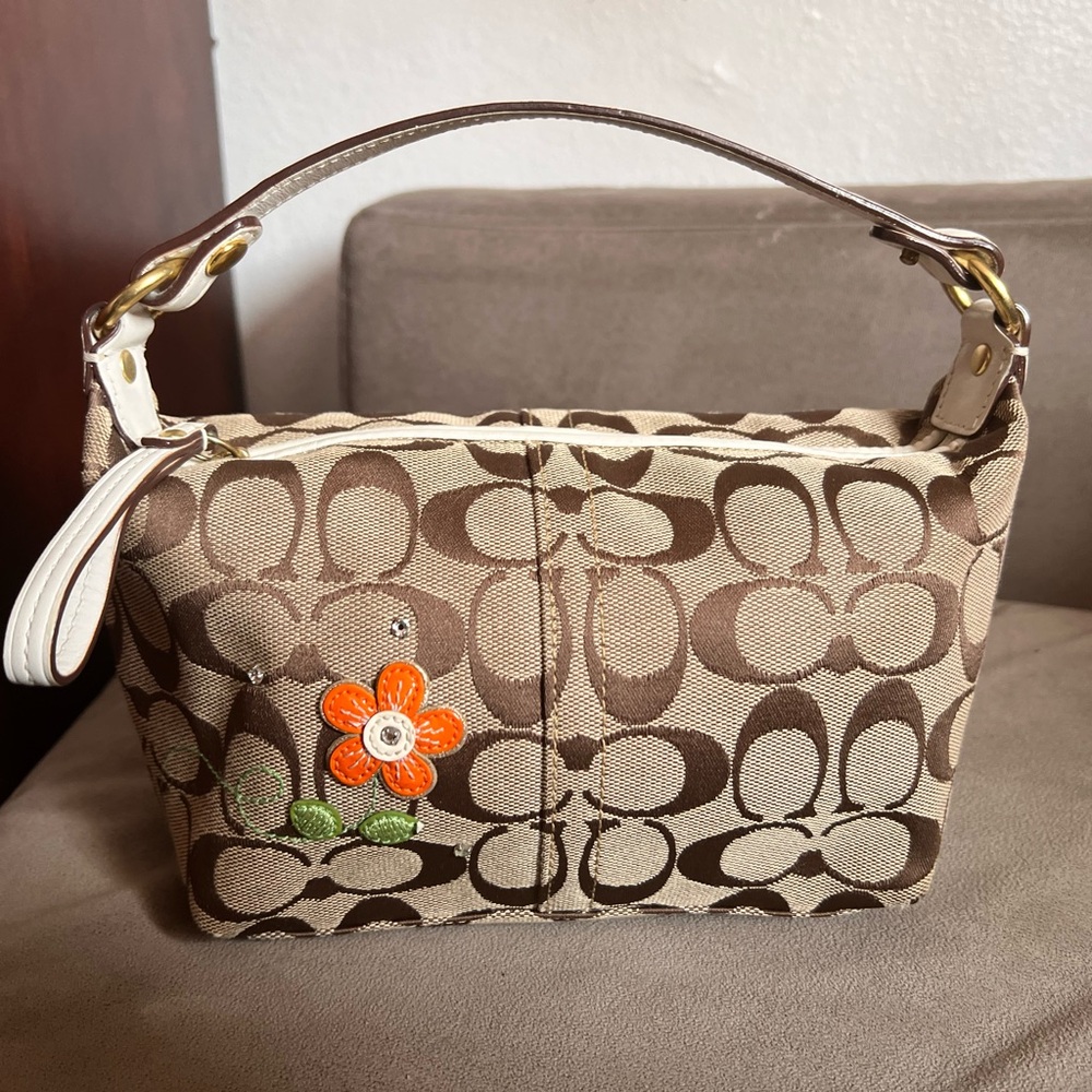 Coach Tan and Brown Shoulder Bag with Floral Accent